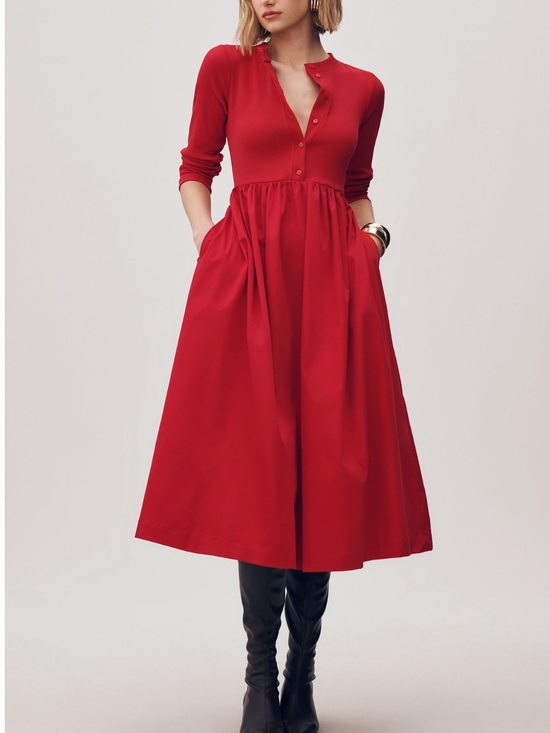 Anthropologie Dresses & Skirts - Anthropologie Long Sleeve Dress Crew Neck Twofer Button Front Midi New Small Red